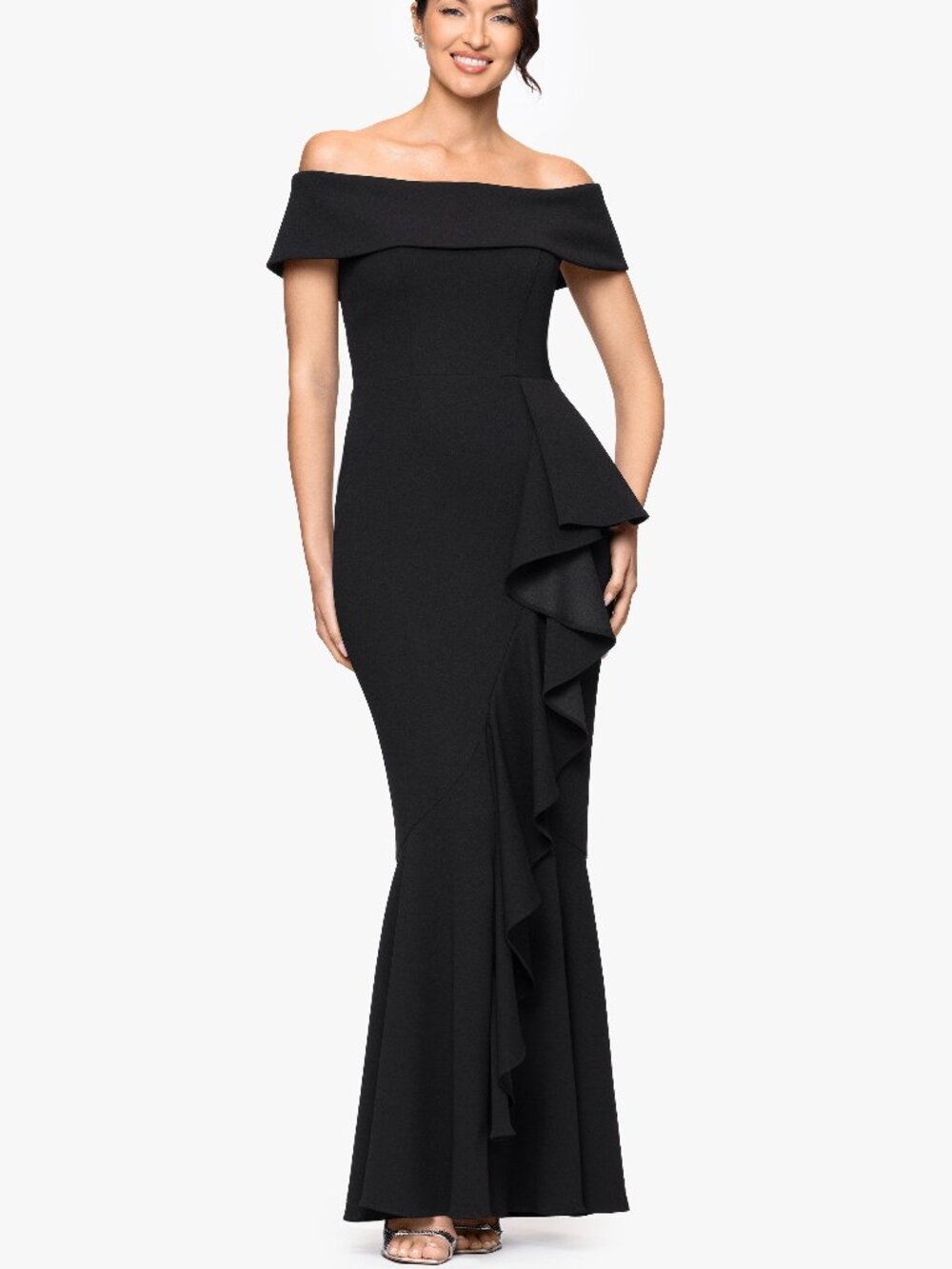 Betsy & Adam New Black Off the Shoulder Crepe Cascading Ruffle Gown $279 sz 4